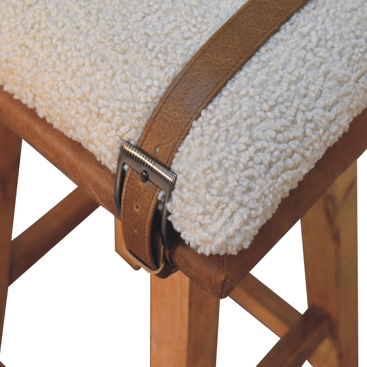 Solid Mango Wood & Cream Boucle Upholstery with Leather Straps Bar Stool - Image 6