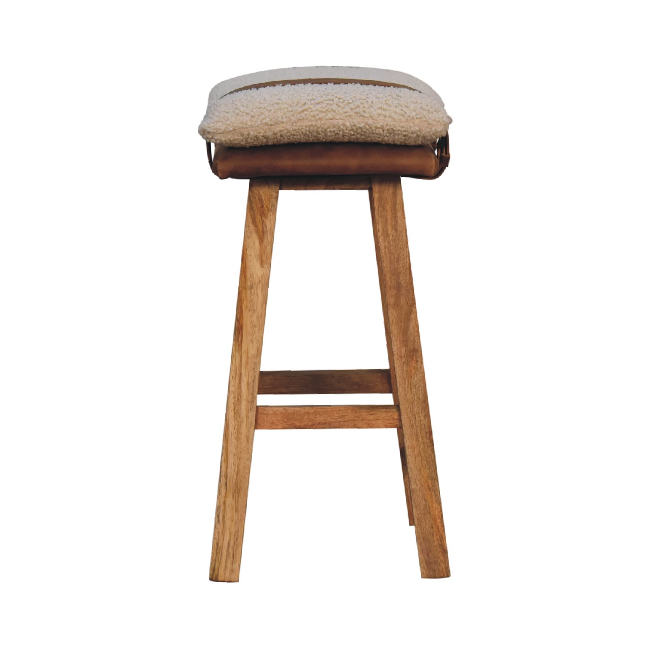 Solid Mango Wood & Cream Boucle Upholstery with Leather Straps Bar Stool - Image 8