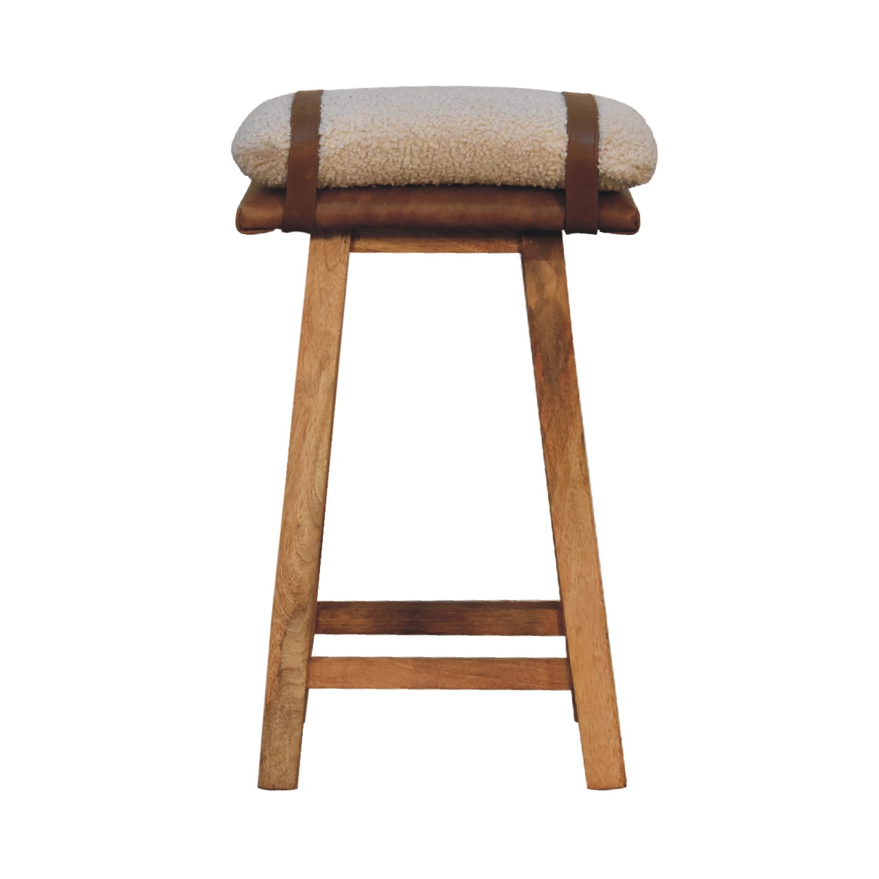 Solid Mango Wood & Cream Boucle Upholstery with Leather Straps Bar Stool - Image 9