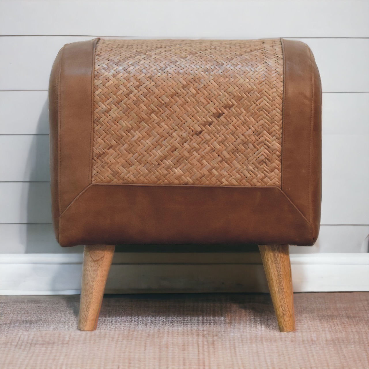 Solid Mango Wood Oak Sea Grass & Leather Stool