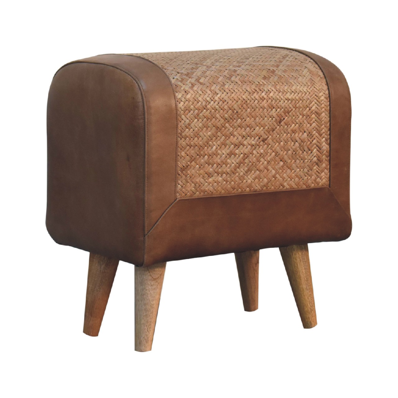 Solid Mango Wood Oak Sea Grass & Leather Stool - Image 2