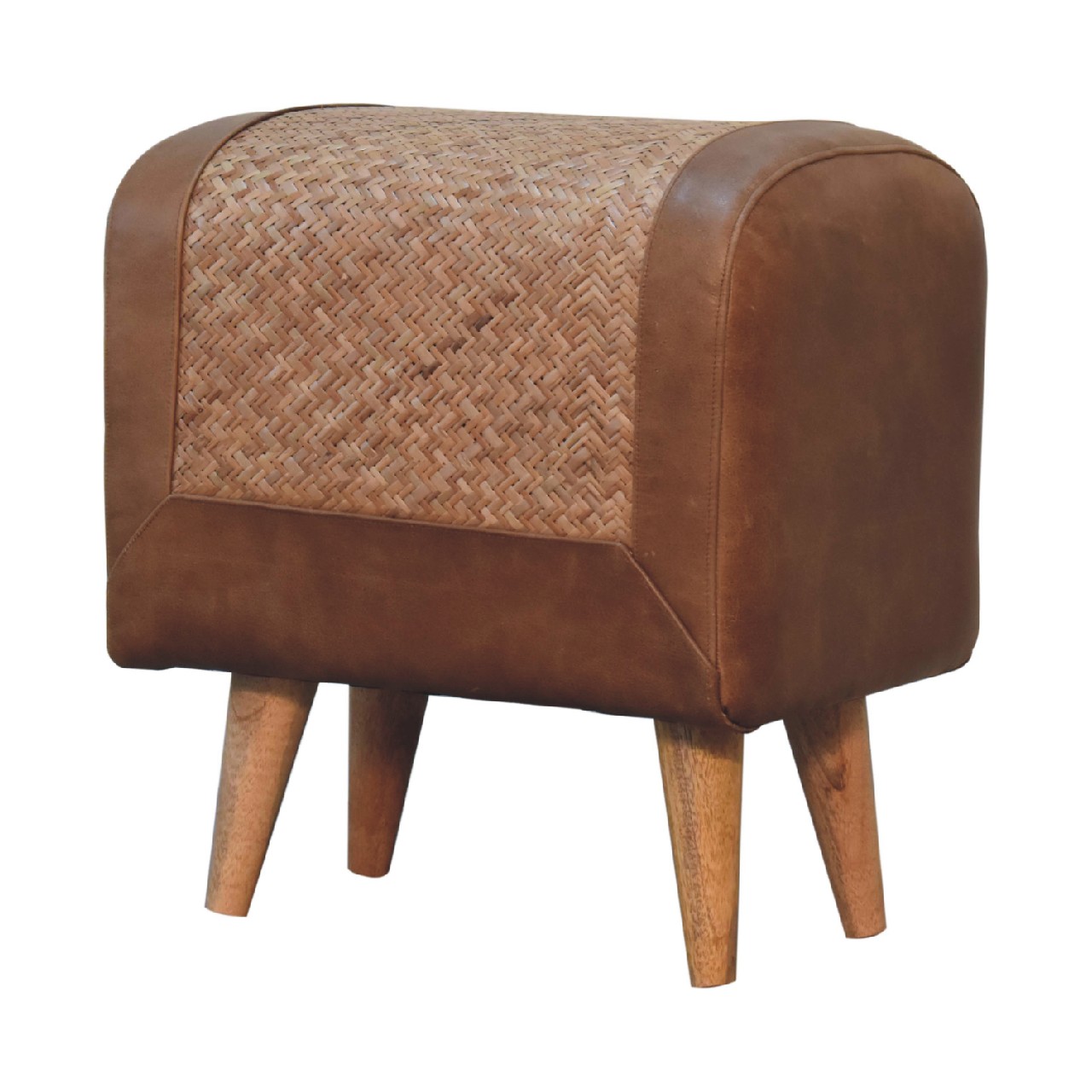 Solid Mango Wood Oak Sea Grass & Leather Stool - Image 3
