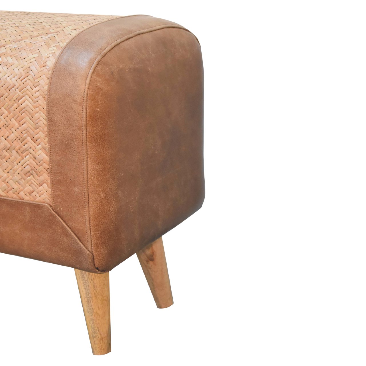 Solid Mango Wood Oak Sea Grass & Leather Stool - Image 7