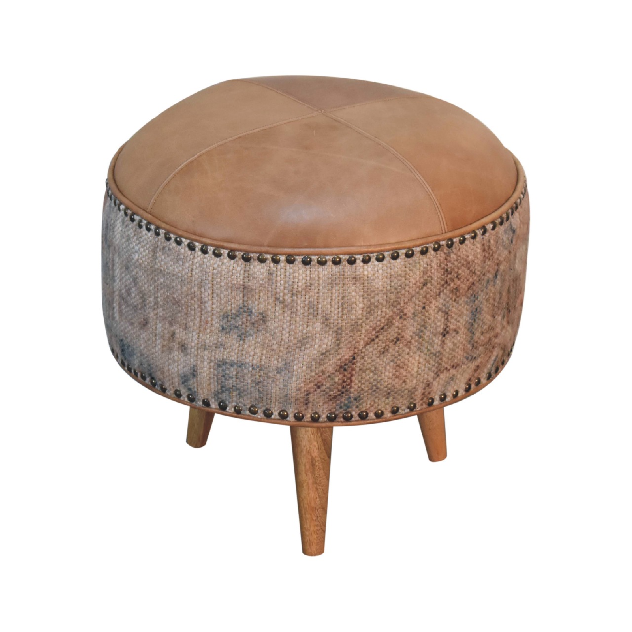 Solid Mango Wood Oak, Durrie & Leather Finish with Brass Studs Stool - Image 2