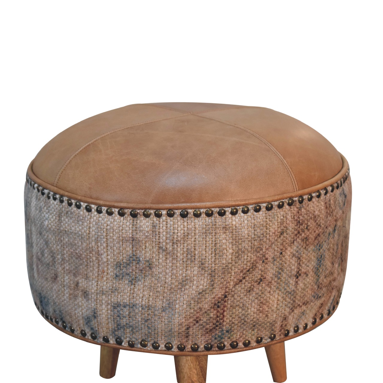 Solid Mango Wood Oak, Durrie & Leather Finish with Brass Studs Stool - Image 3