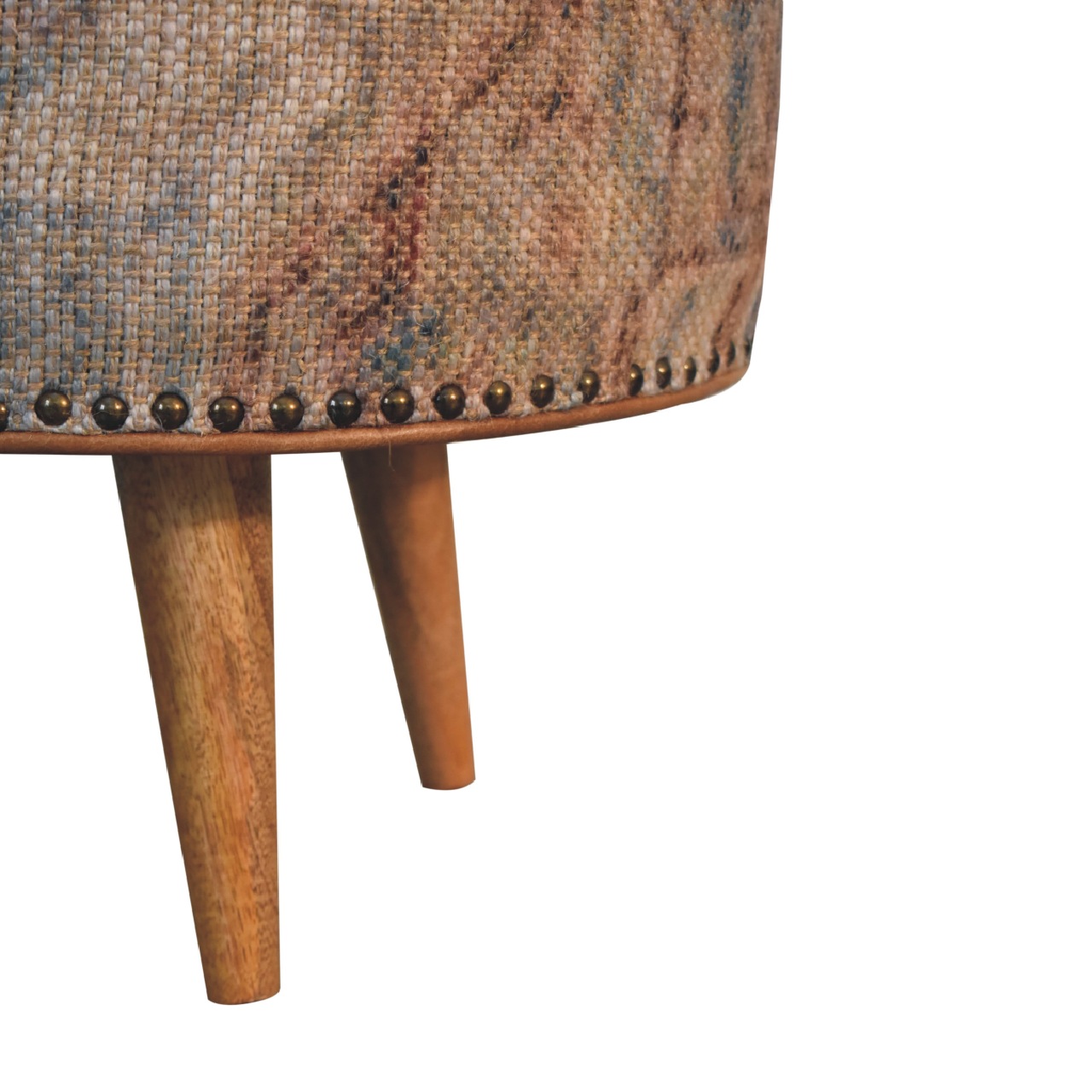 Solid Mango Wood Oak, Durrie & Leather Finish with Brass Studs Stool - Image 4