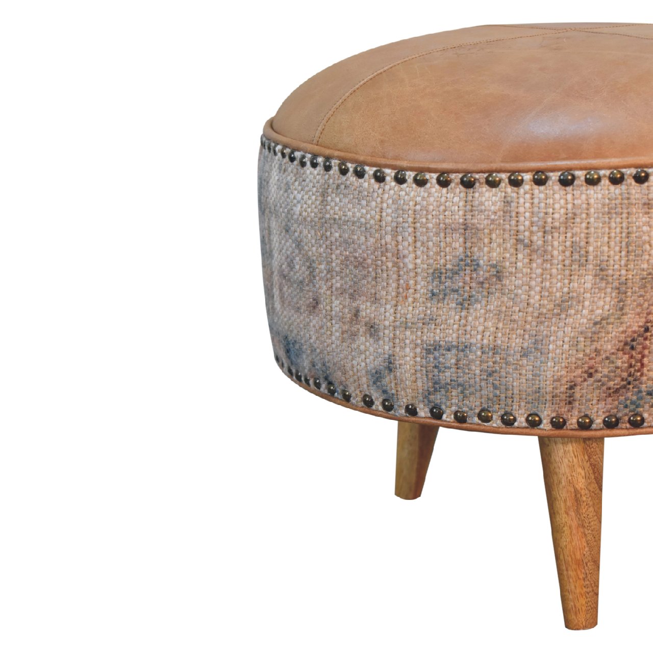 Solid Mango Wood Oak, Durrie & Leather Finish with Brass Studs Stool - Image 6
