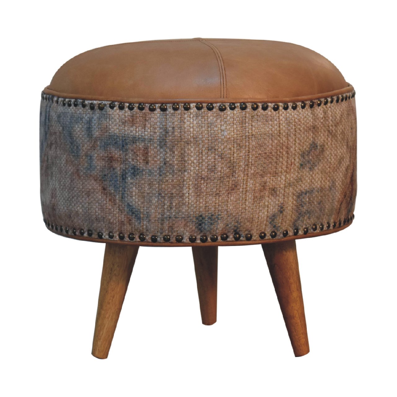 Solid Mango Wood Oak, Durrie & Leather Finish with Brass Studs Stool - Image 7