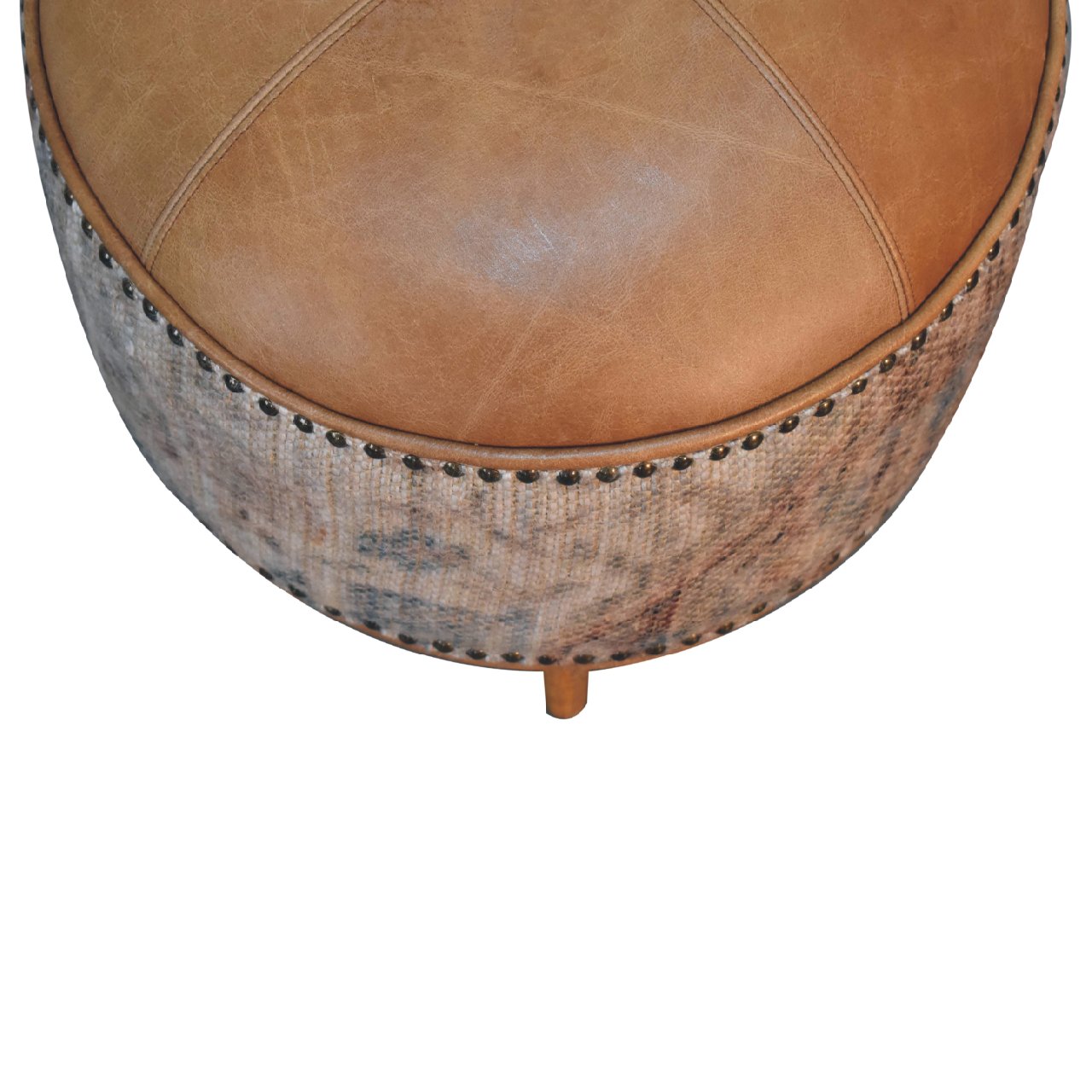 Solid Mango Wood Oak, Durrie & Leather Finish with Brass Studs Stool - Image 8