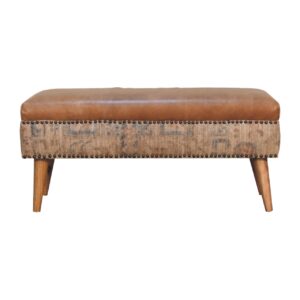 Solid Mango Wood Oak Finish with Durrie Fabric & Tan Leather Upholstery