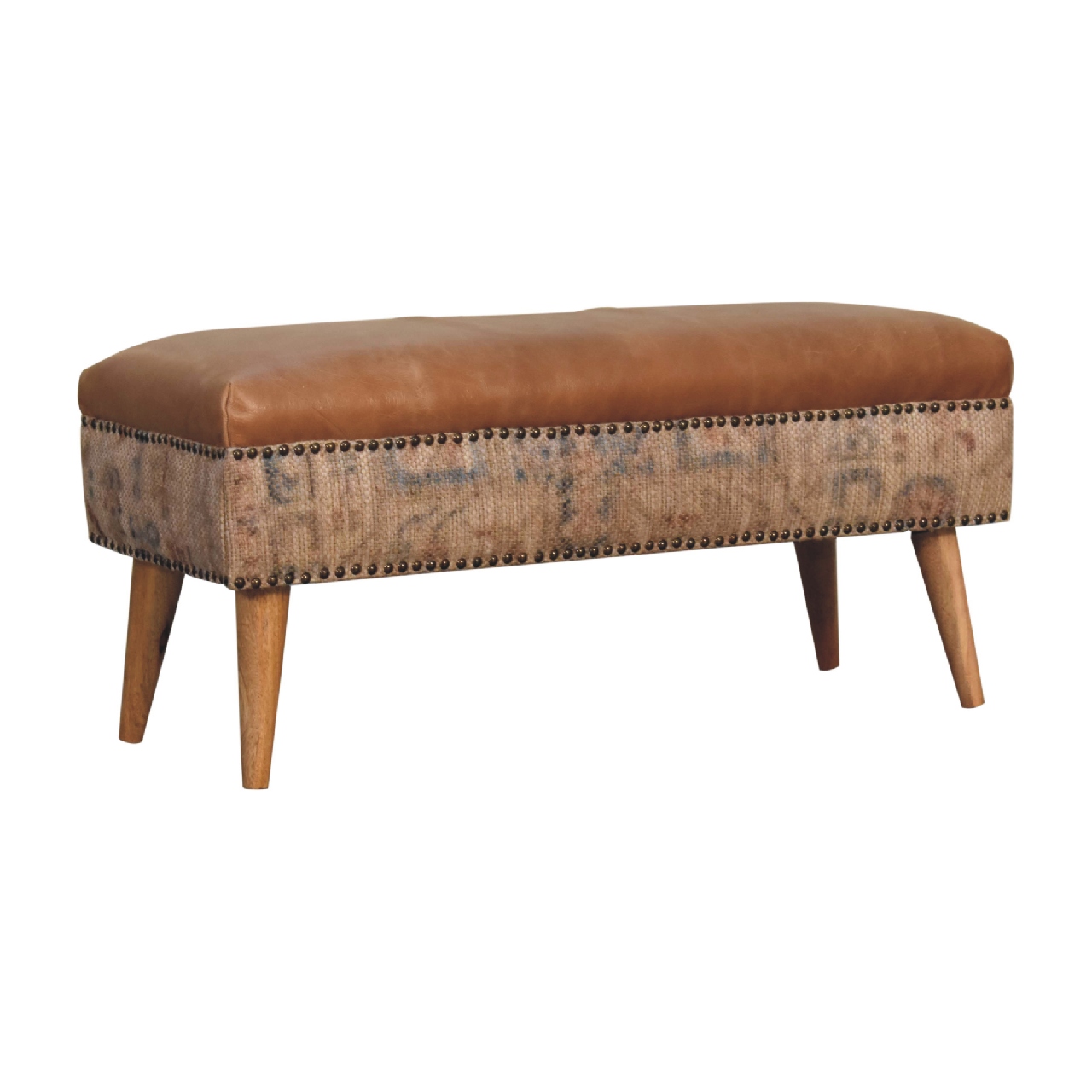 Solid Mango Wood Oak Finish with Durrie Fabric & Tan Leather Upholstery - Image 2