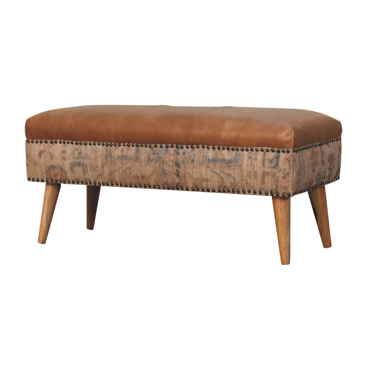 Solid Mango Wood Oak Finish with Durrie Fabric & Tan Leather Upholstery - Image 3