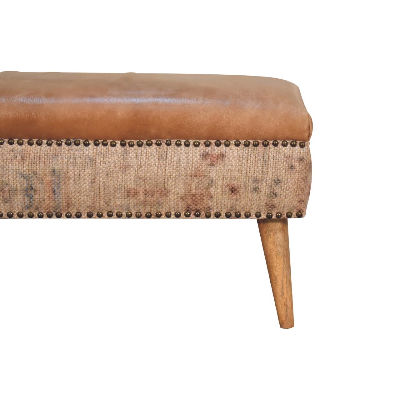 Solid Mango Wood Oak Finish with Durrie Fabric & Tan Leather Upholstery - Image 4