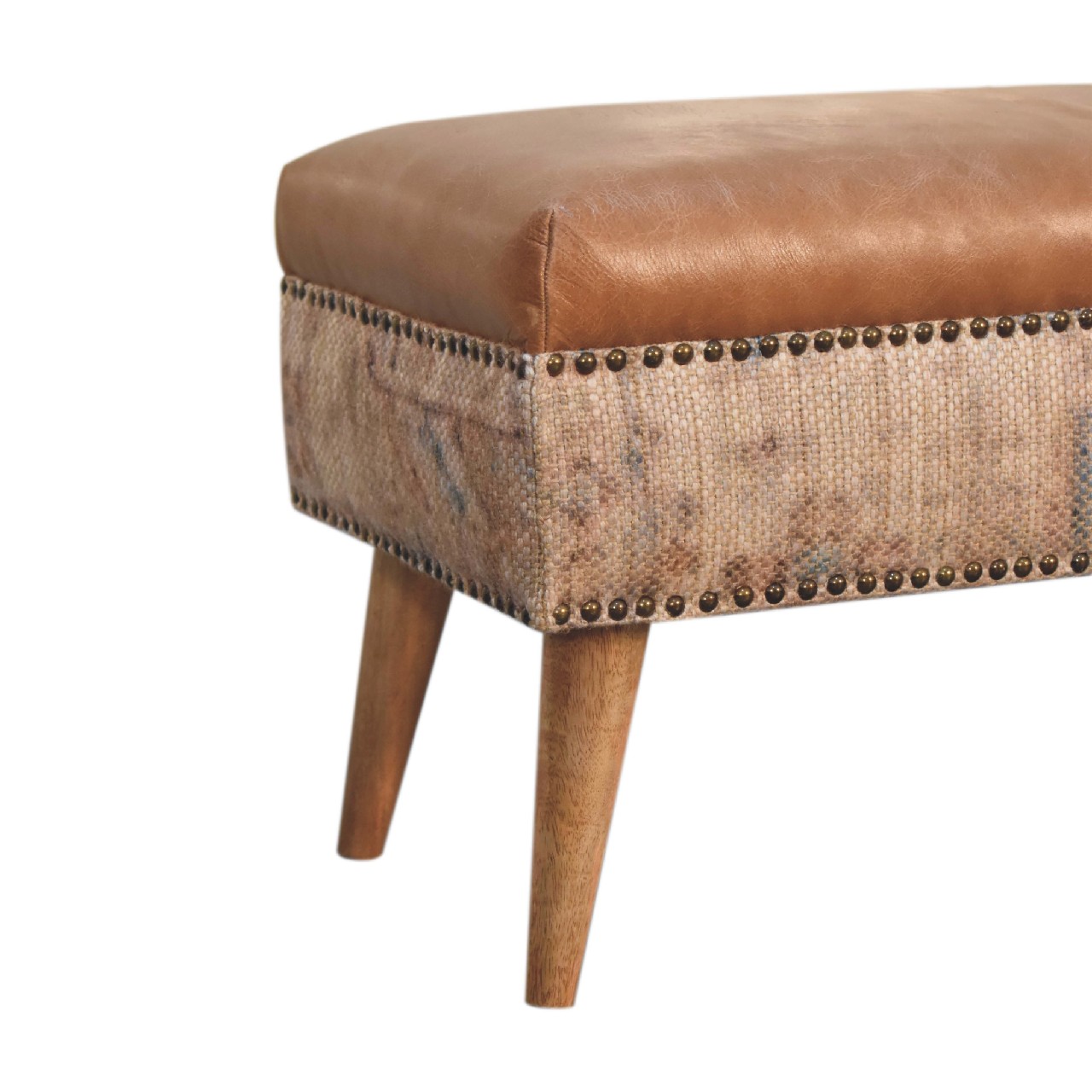 Solid Mango Wood Oak Finish with Durrie Fabric & Tan Leather Upholstery - Image 5