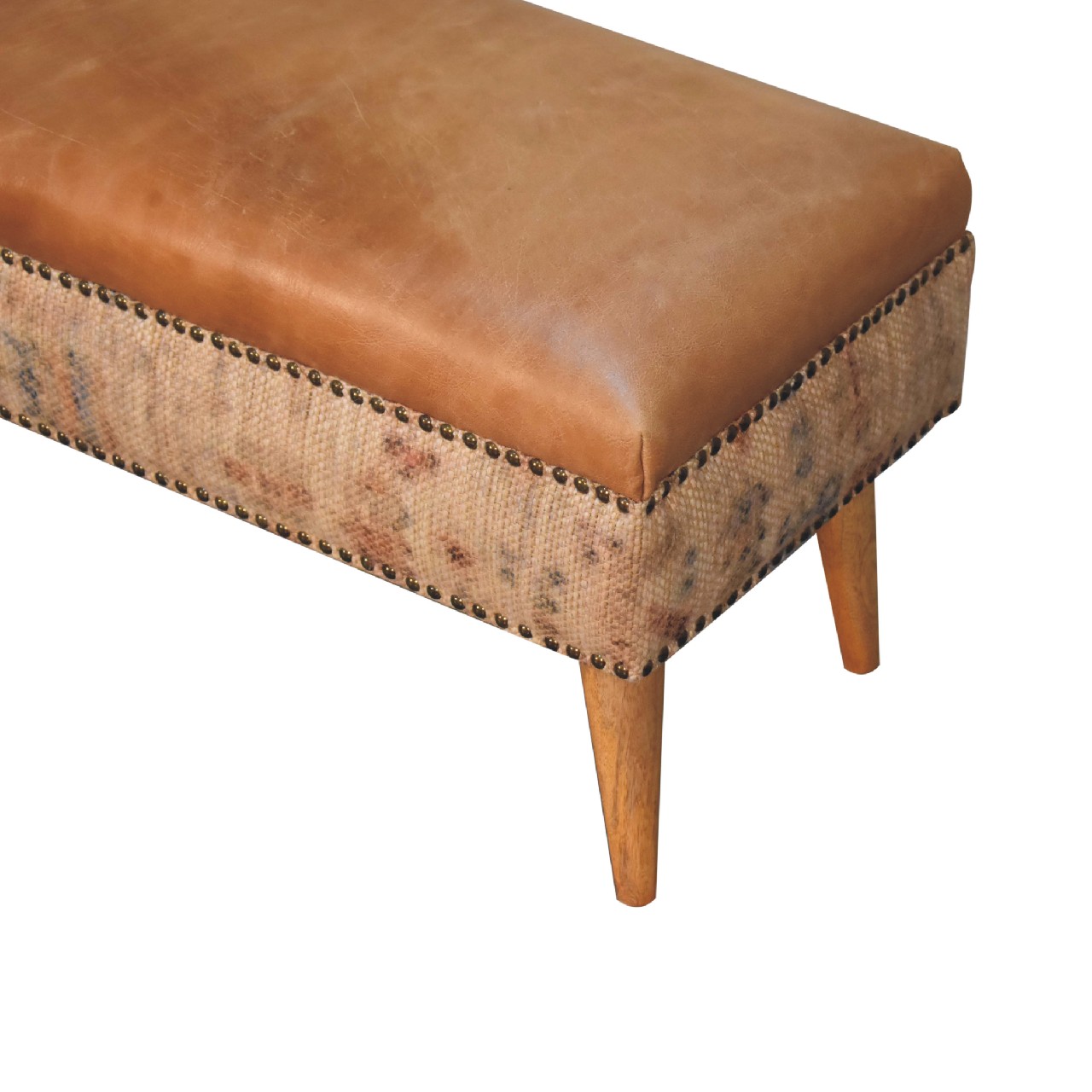 Solid Mango Wood Oak Finish with Durrie Fabric & Tan Leather Upholstery - Image 6