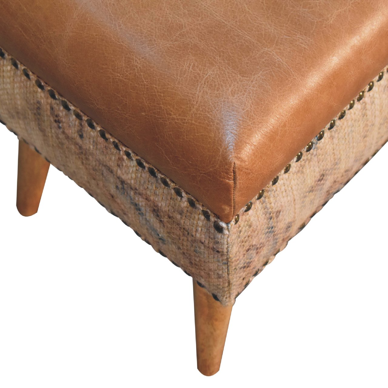 Solid Mango Wood Oak Finish with Durrie Fabric & Tan Leather Upholstery - Image 7