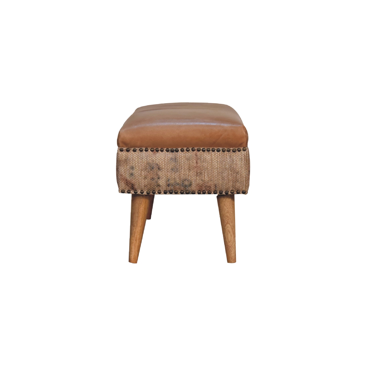 Solid Mango Wood Oak Finish with Durrie Fabric & Tan Leather Upholstery - Image 9