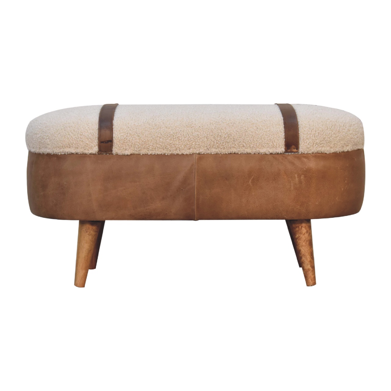 Solid Mango Wood Oak Finished & Boucle Upholstery with Leather Trim & Straps