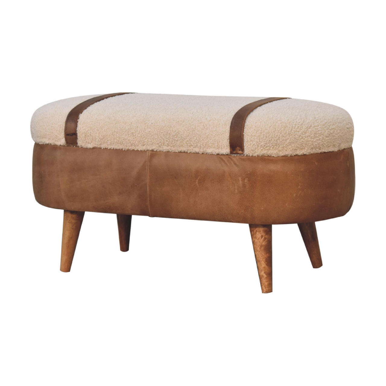 Solid Mango Wood Oak Finished & Boucle Upholstery with Leather Trim & Straps - Image 2