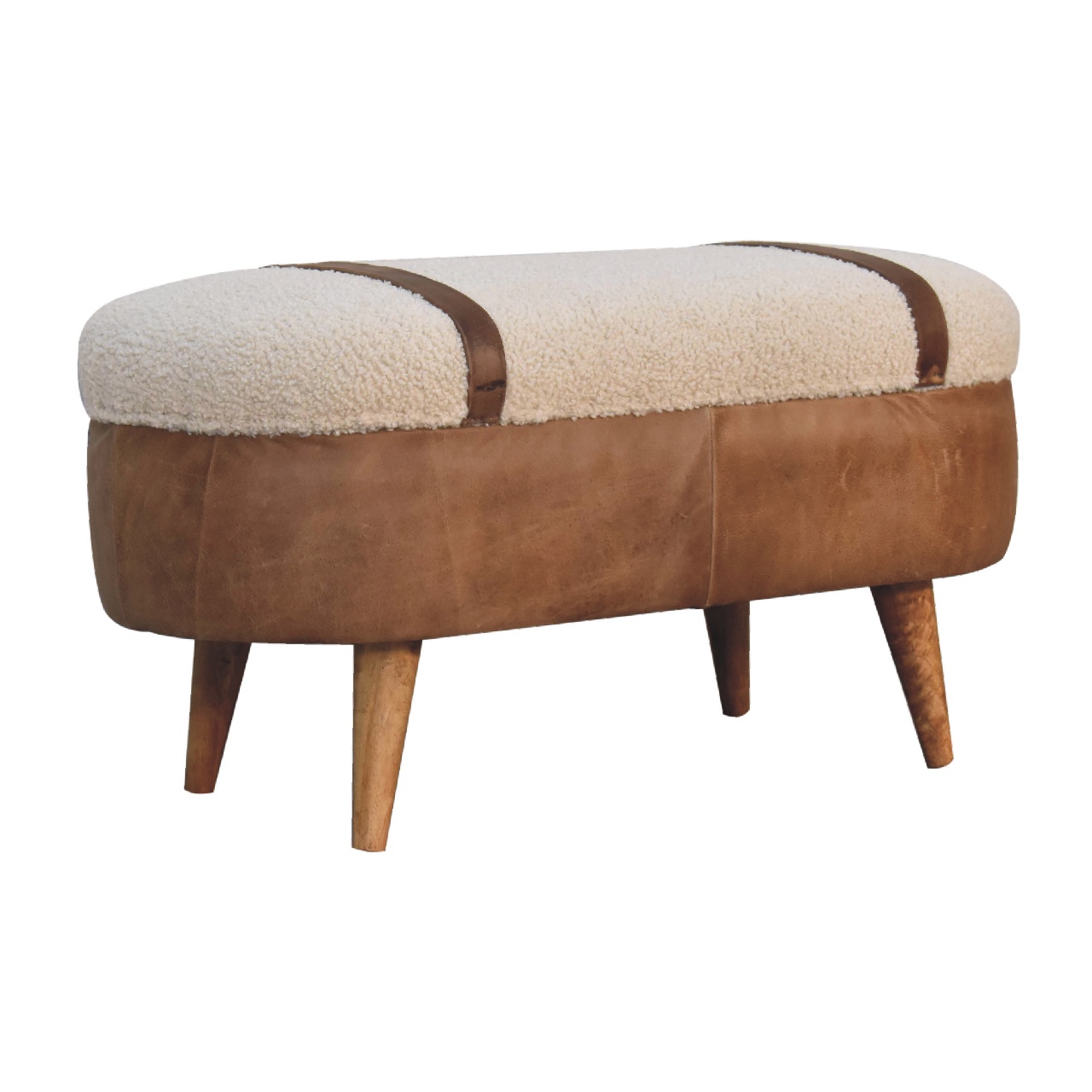 Solid Mango Wood Oak Finished & Boucle Upholstery with Leather Trim & Straps - Image 3