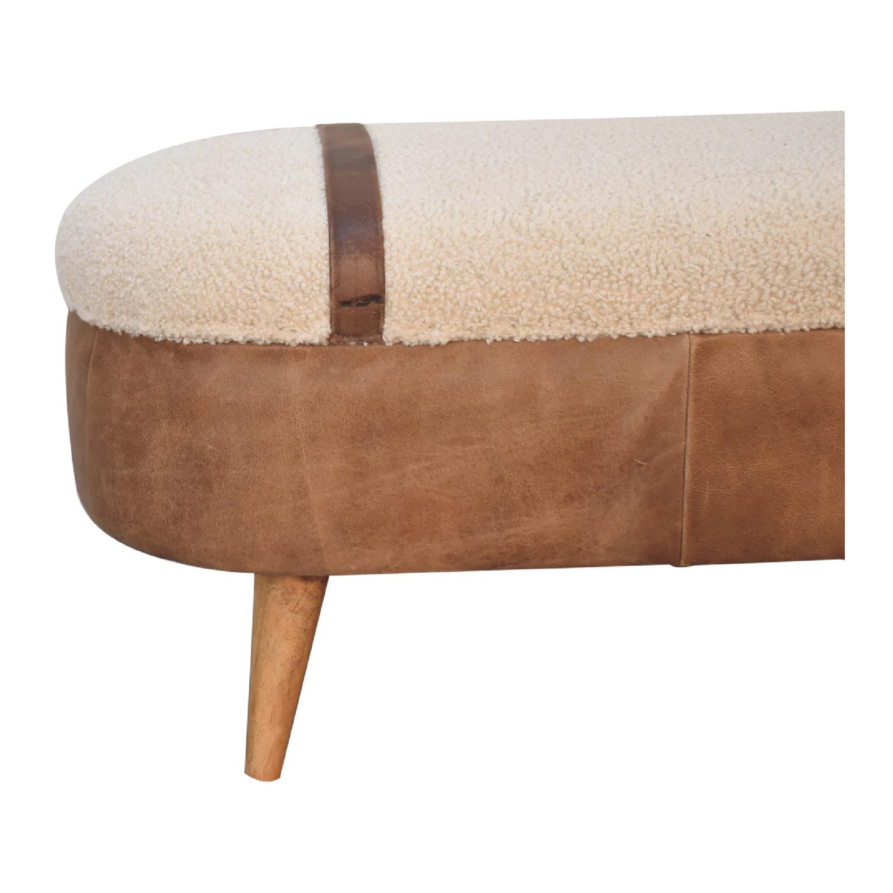 Solid Mango Wood Oak Finished & Boucle Upholstery with Leather Trim & Straps - Image 4