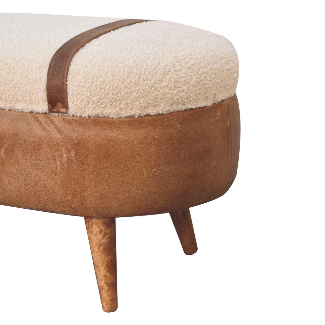 Solid Mango Wood Oak Finished & Boucle Upholstery with Leather Trim & Straps - Image 5
