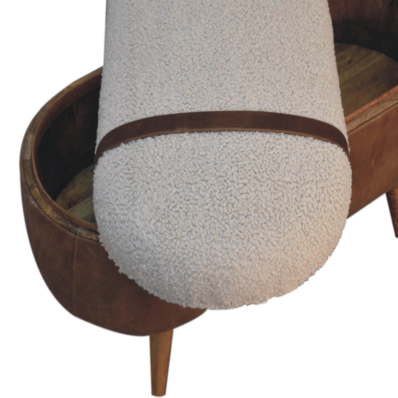 Solid Mango Wood Oak Finished & Boucle Upholstery with Leather Trim & Straps - Image 6