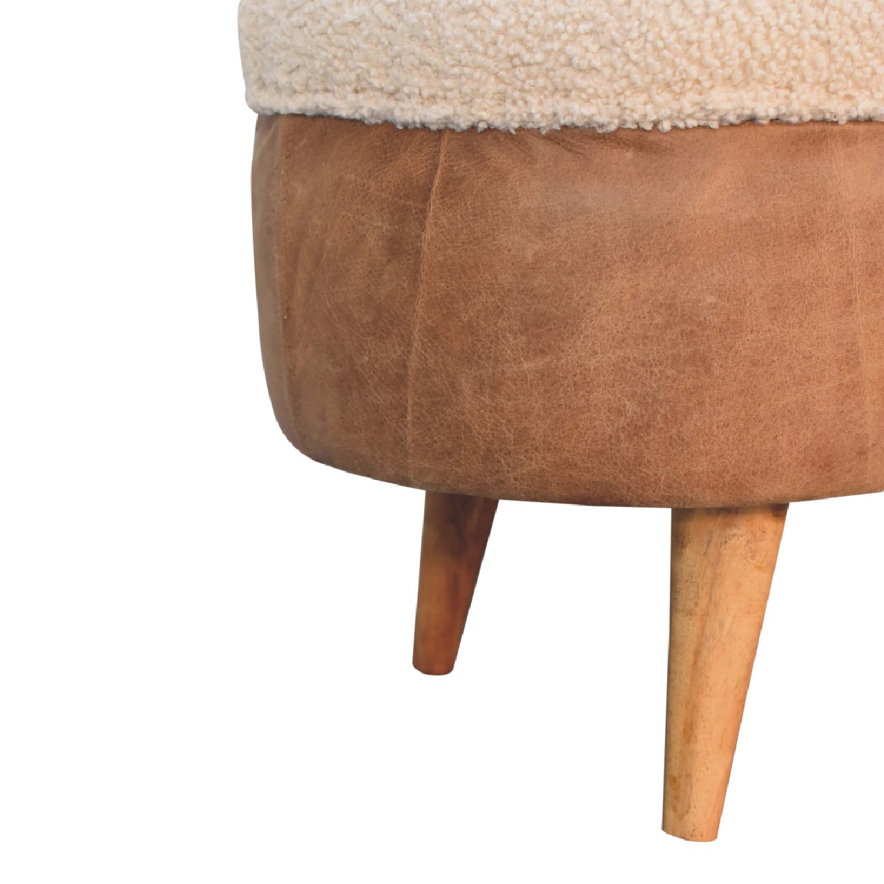 Solid Mango Wood Oak Finished & Boucle Upholstery with Leather Trim & Straps - Image 7