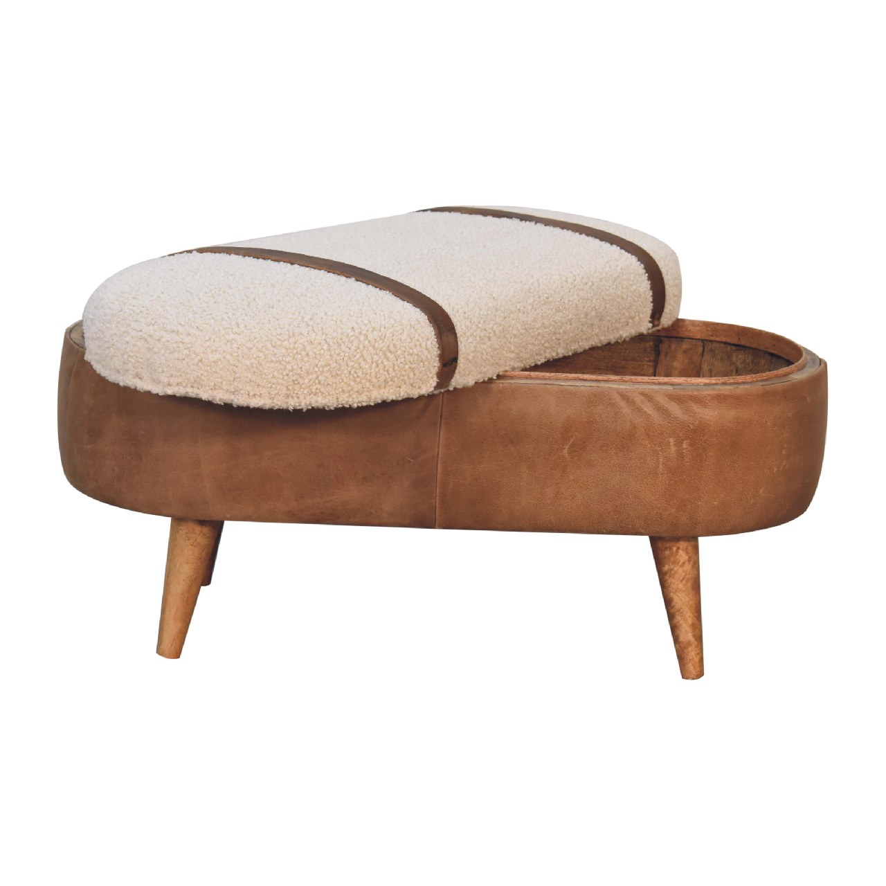 Solid Mango Wood Oak Finished & Boucle Upholstery with Leather Trim & Straps - Image 8