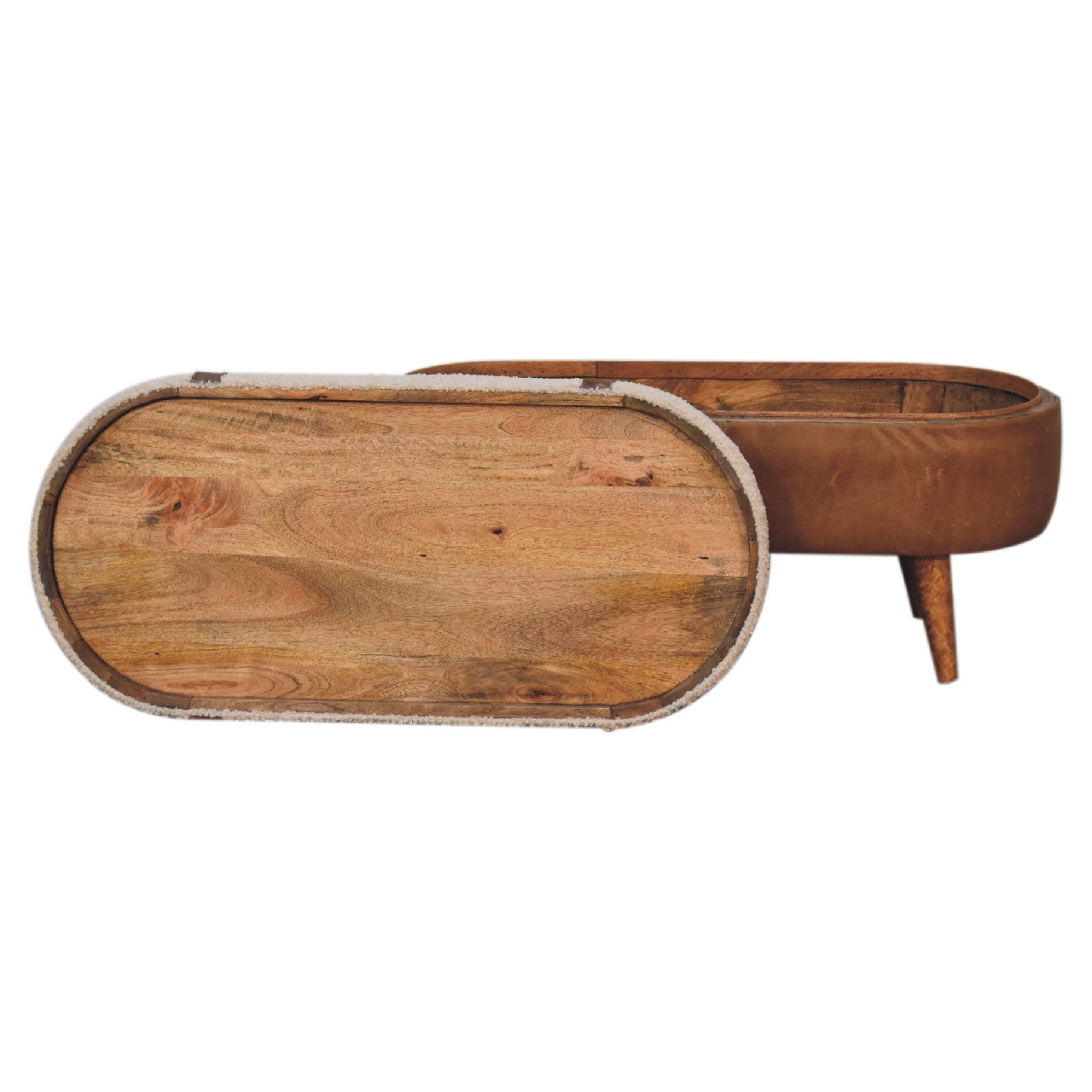 Solid Mango Wood Oak Finished & Boucle Upholstery with Leather Trim & Straps - Image 9