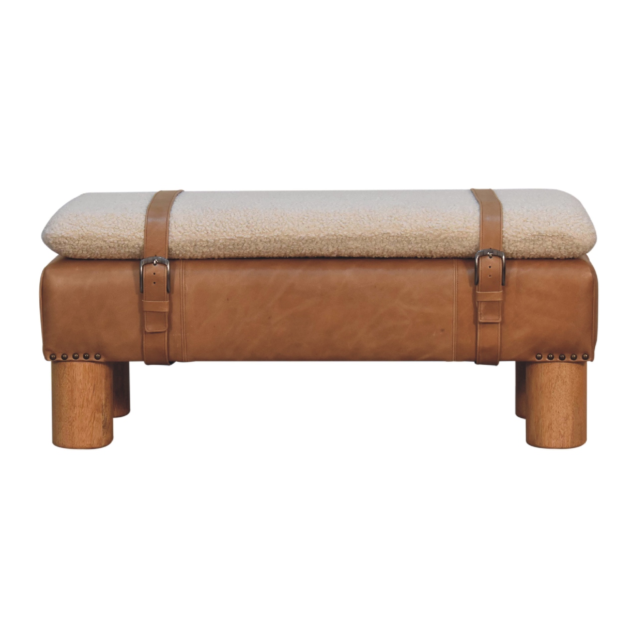 Solid Mango Wood Oak Finished Boucle & Leather Upholstered Strapped Cylinder Bench