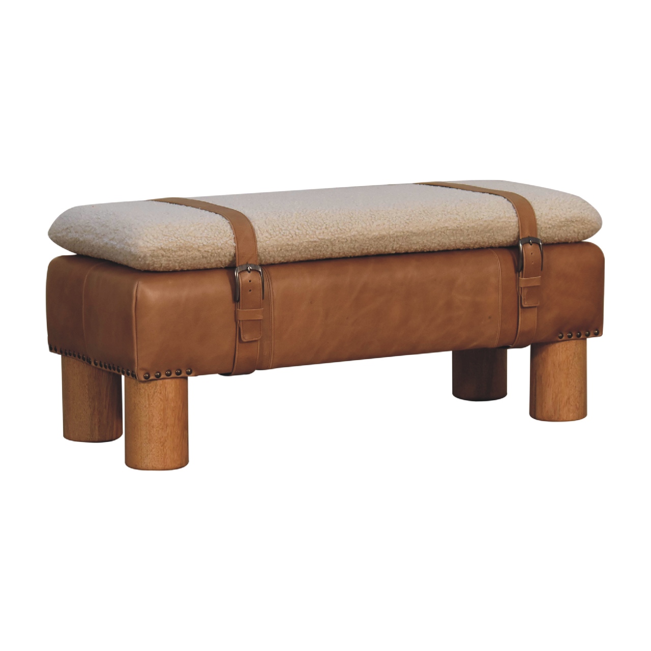 Solid Mango Wood Oak Finished Boucle & Leather Upholstered Strapped Cylinder Bench - Image 2