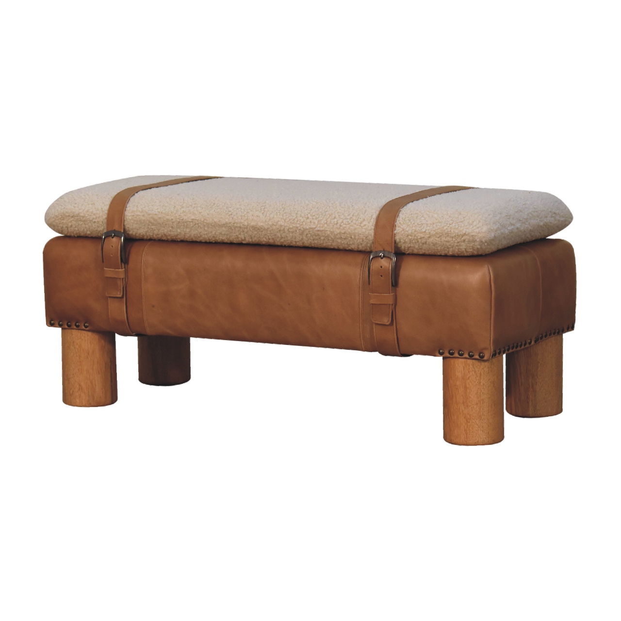 Solid Mango Wood Oak Finished Boucle & Leather Upholstered Strapped Cylinder Bench - Image 3