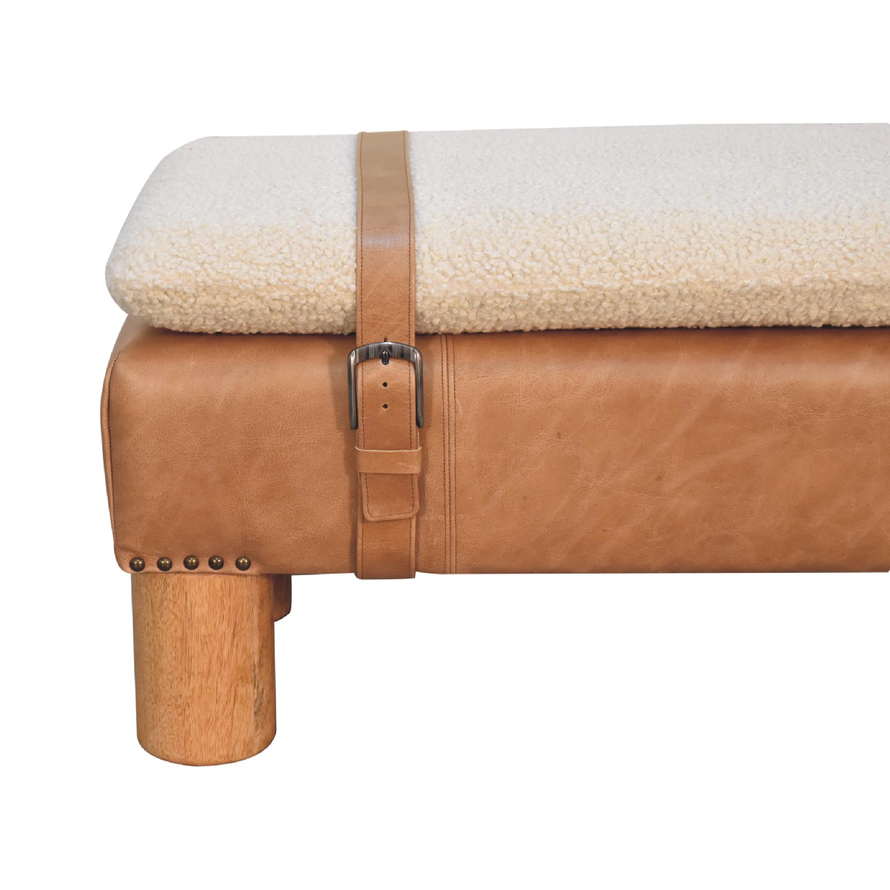 Solid Mango Wood Oak Finished Boucle & Leather Upholstered Strapped Cylinder Bench - Image 4