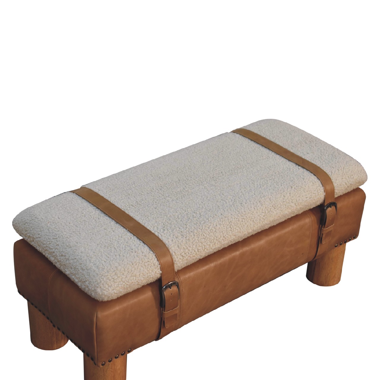 Solid Mango Wood Oak Finished Boucle & Leather Upholstered Strapped Cylinder Bench - Image 5