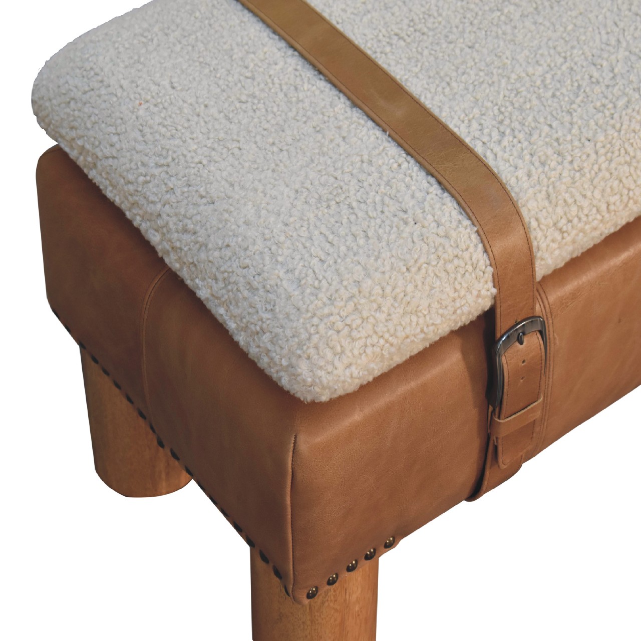 Solid Mango Wood Oak Finished Boucle & Leather Upholstered Strapped Cylinder Bench - Image 6