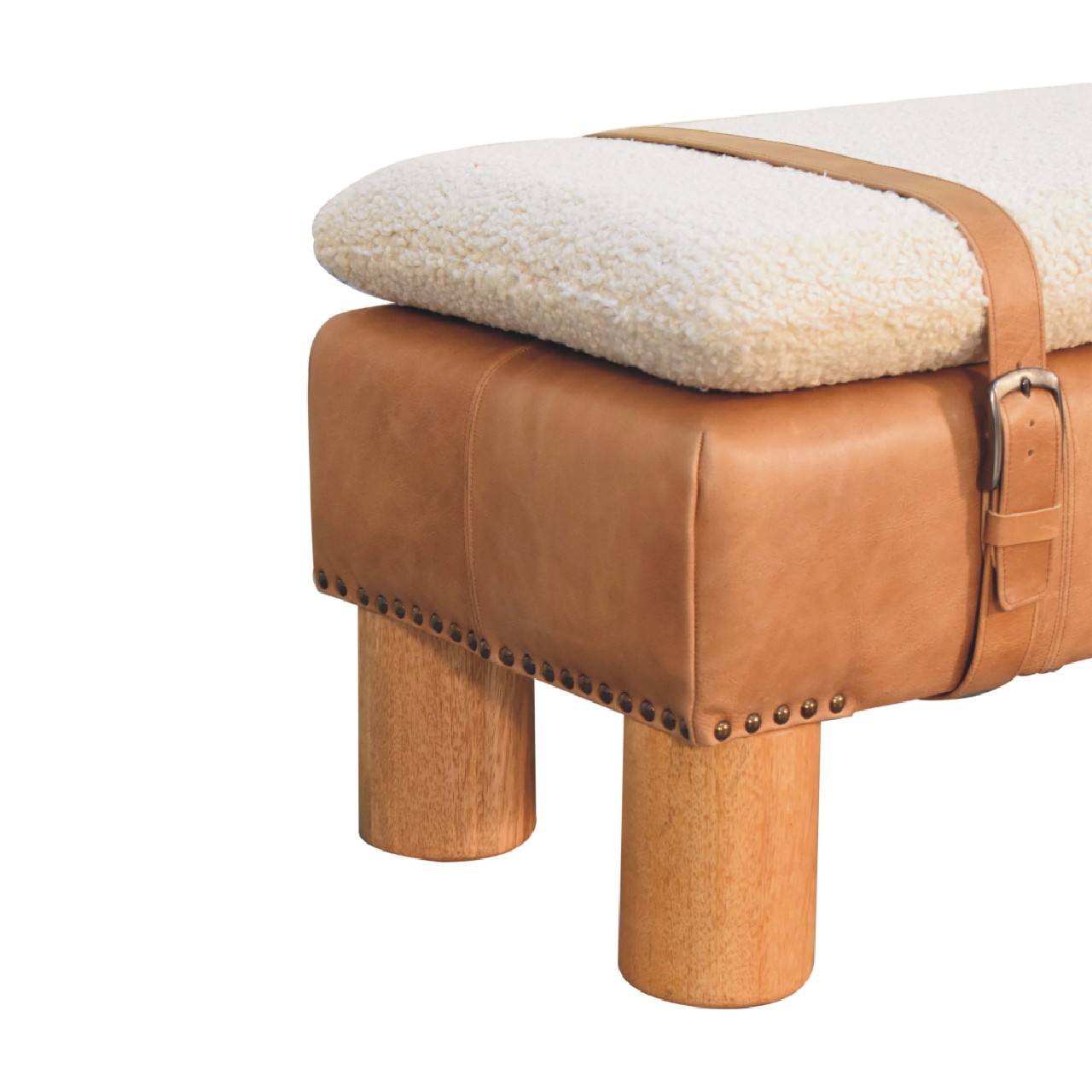 Solid Mango Wood Oak Finished Boucle & Leather Upholstered Strapped Cylinder Bench - Image 7