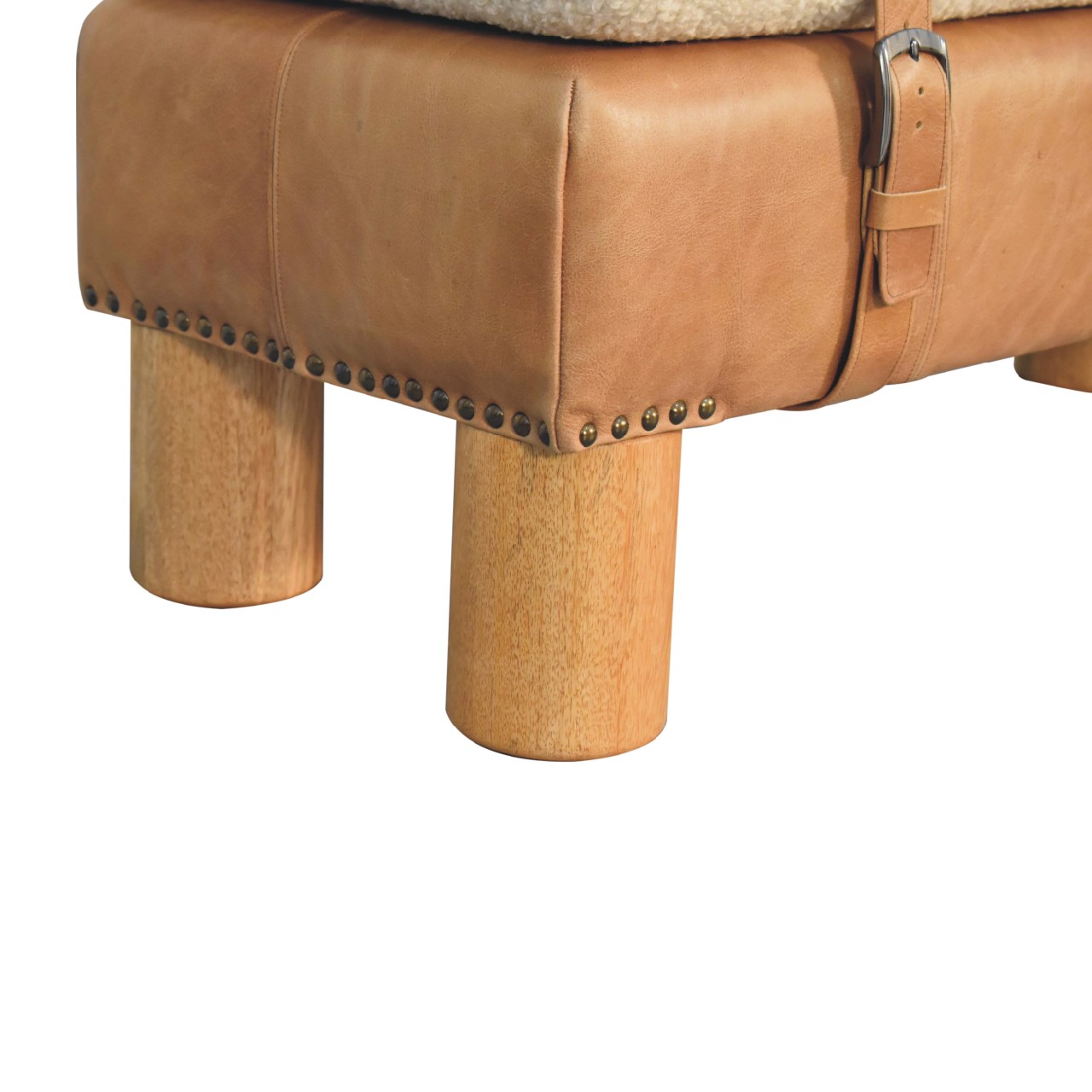 Solid Mango Wood Oak Finished Boucle & Leather Upholstered Strapped Cylinder Bench - Image 8