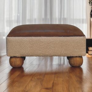 Solid Mango Wood Boucle & Leather Upholstery with Ball Feet Finished Stool