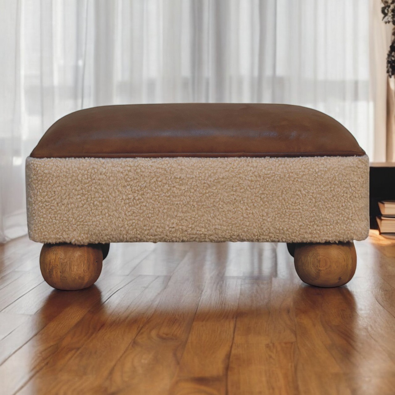 Solid Mango Wood Boucle & Leather Upholstery with Ball Feet Finished Stool