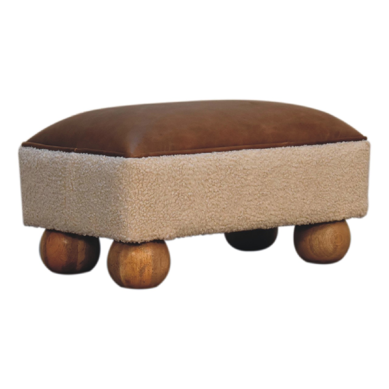 Solid Mango Wood Boucle & Leather Upholstery with Ball Feet Finished Stool - Image 3