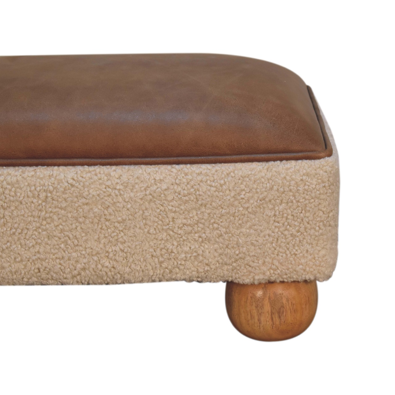 Solid Mango Wood Boucle & Leather Upholstery with Ball Feet Finished Stool - Image 4