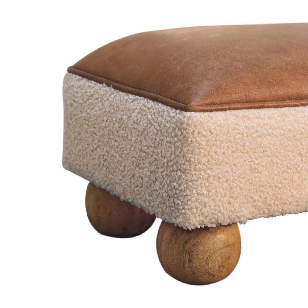 Solid Mango Wood Boucle & Leather Upholstery with Ball Feet Finished Stool - Image 5
