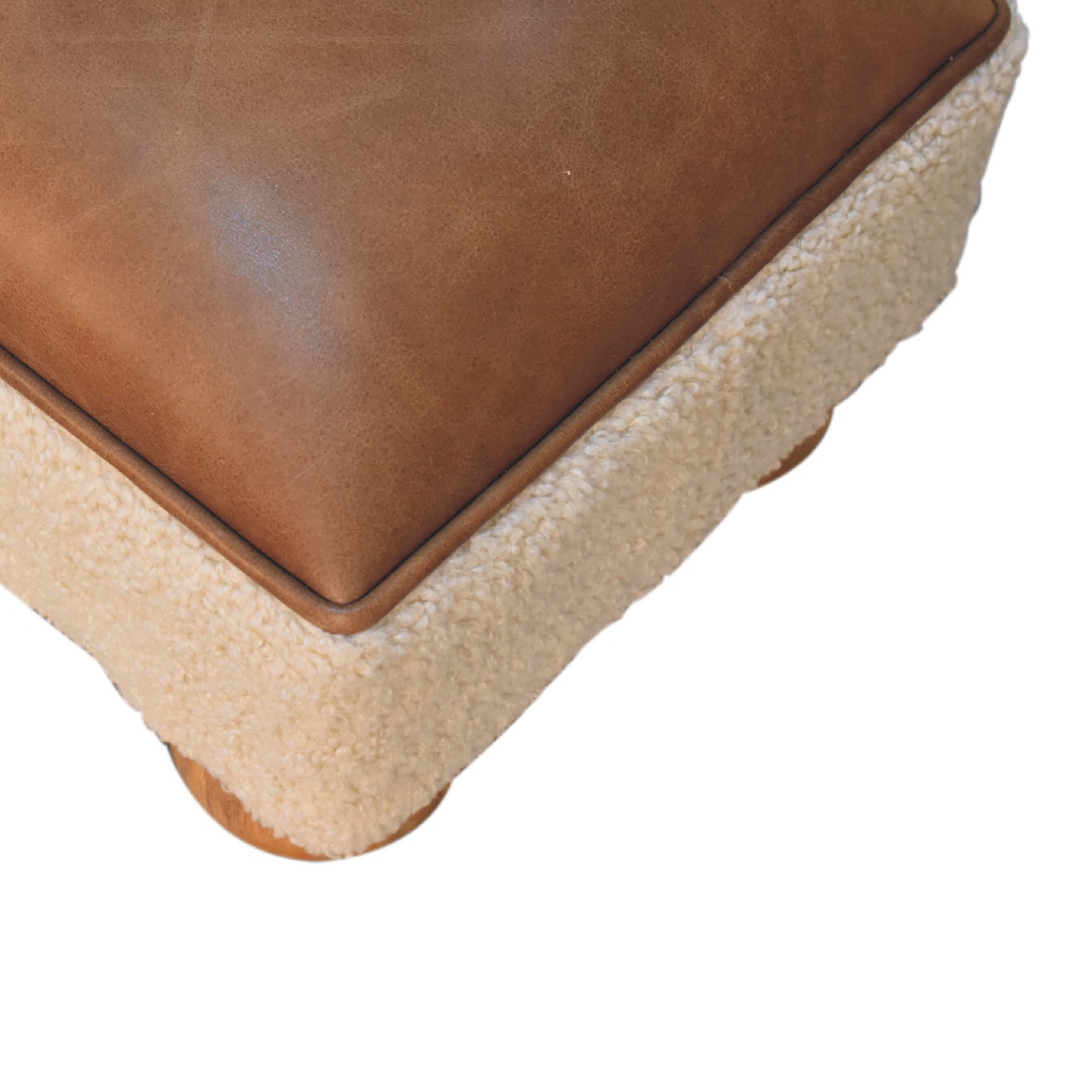 Solid Mango Wood Boucle & Leather Upholstery with Ball Feet Finished Stool - Image 6