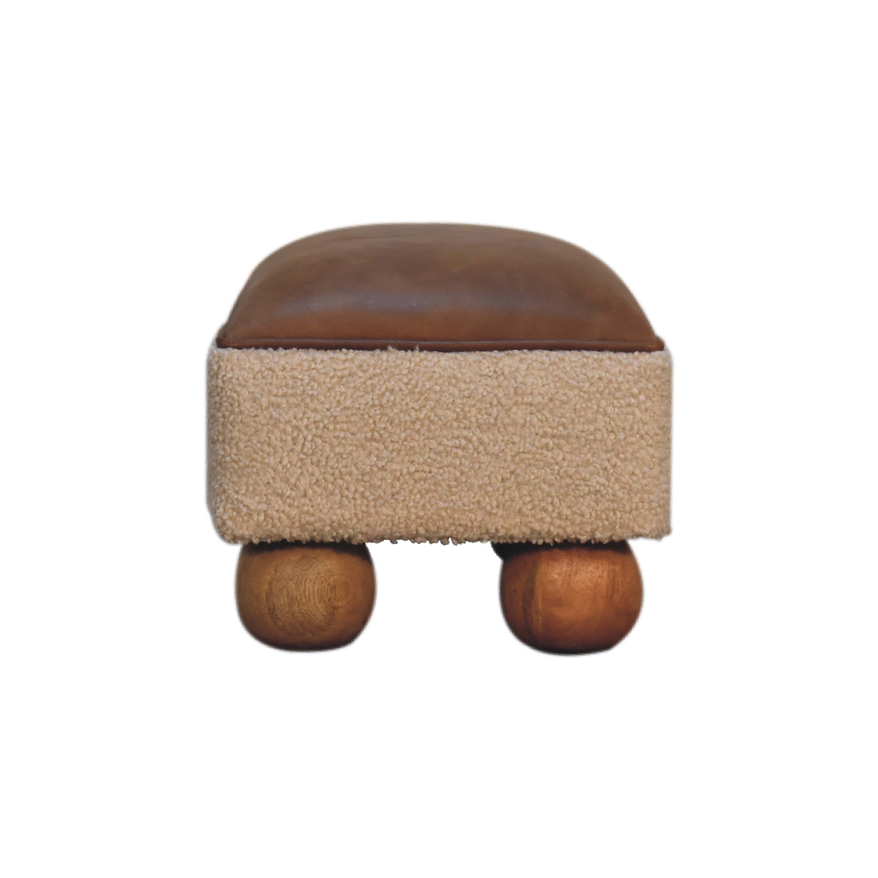 Solid Mango Wood Boucle & Leather Upholstery with Ball Feet Finished Stool - Image 9