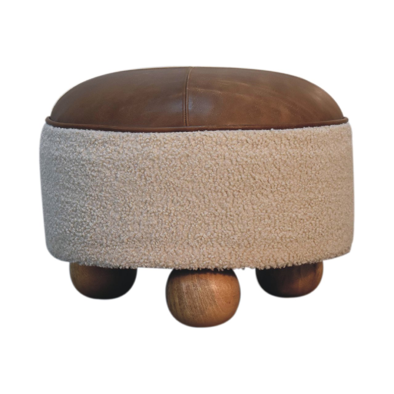 Solid Mango Wood Cream Boucle & Leather Upholstered Footstool - Image 2