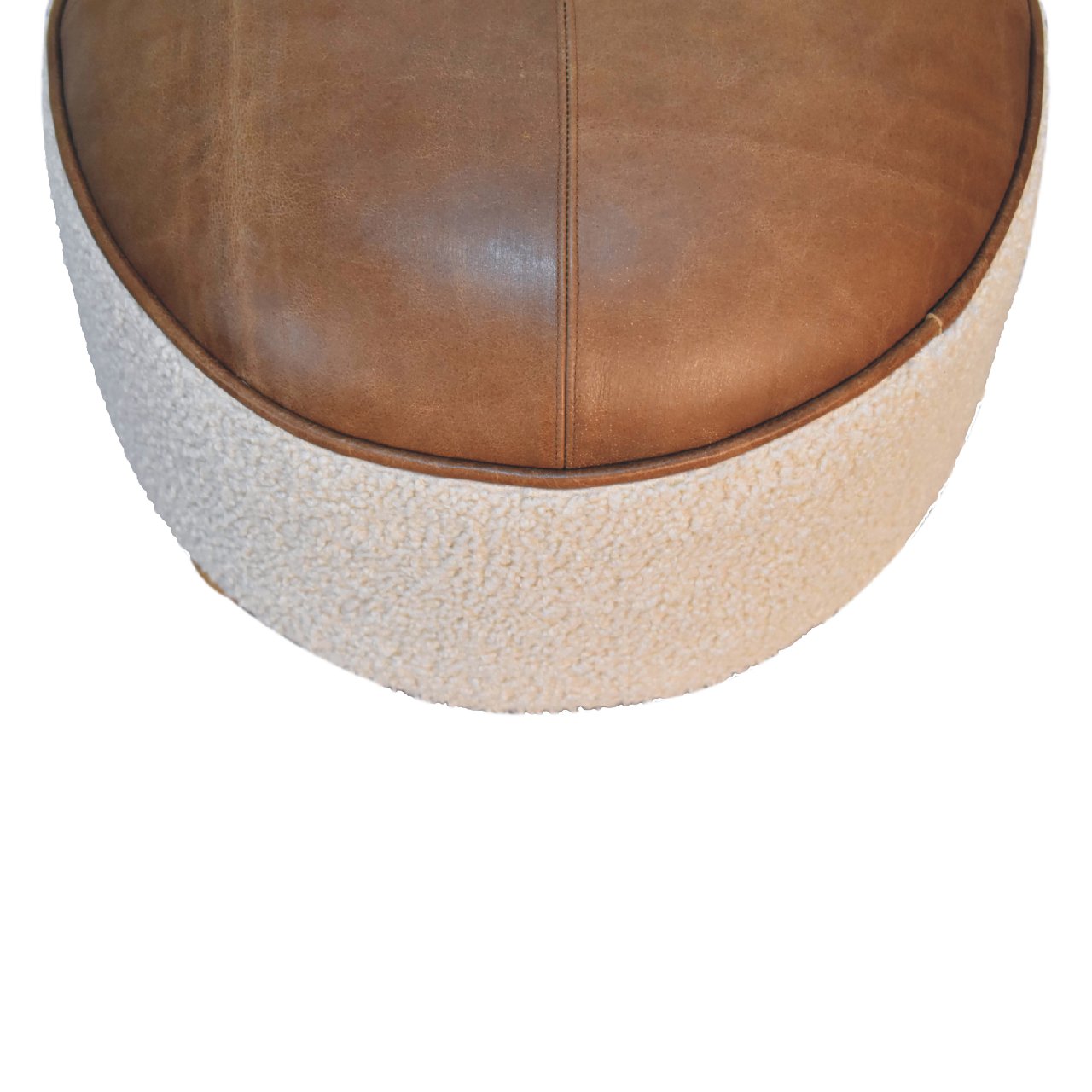 Solid Mango Wood Cream Boucle & Leather Upholstered Footstool - Image 5