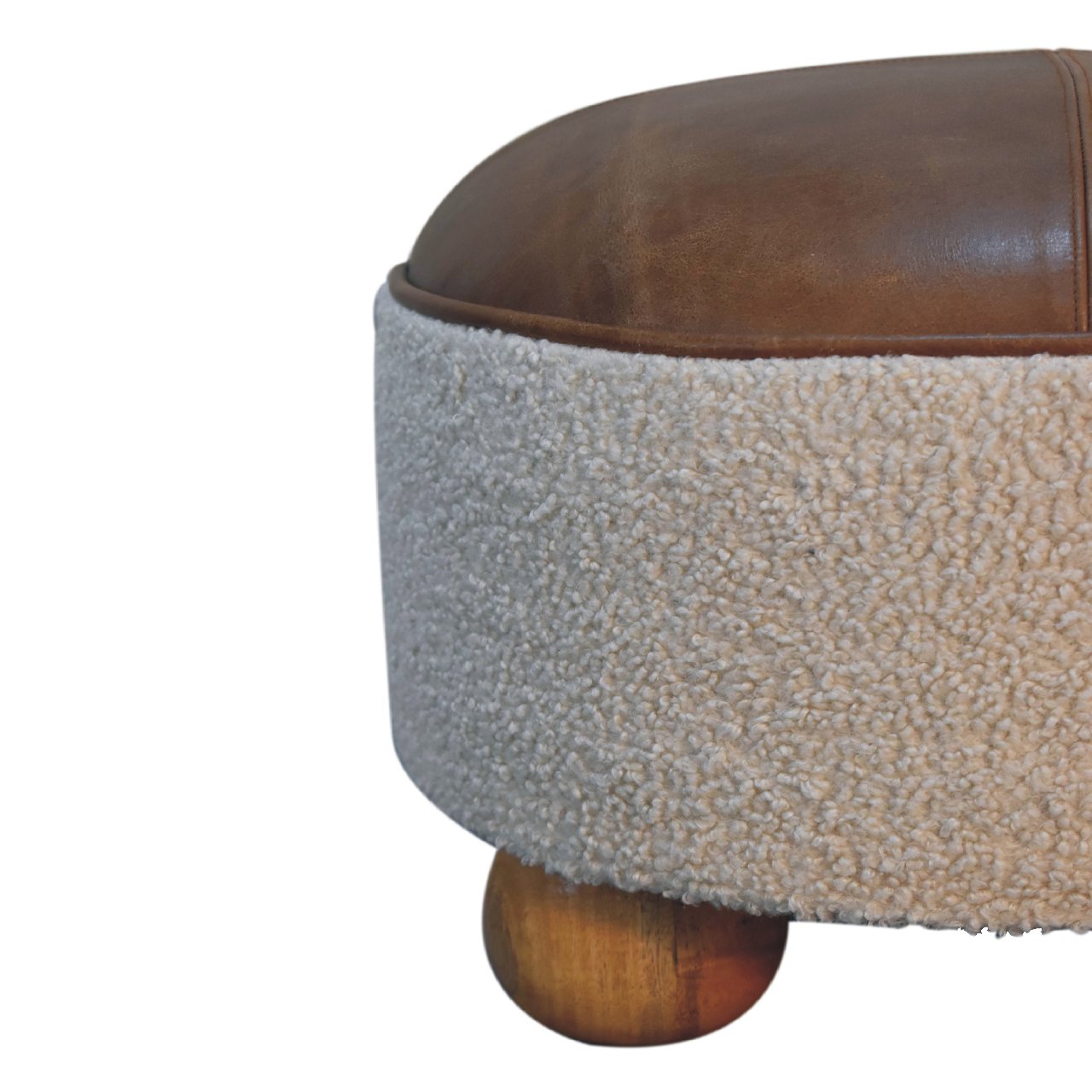 Solid Mango Wood Cream Boucle & Leather Upholstered Footstool - Image 6