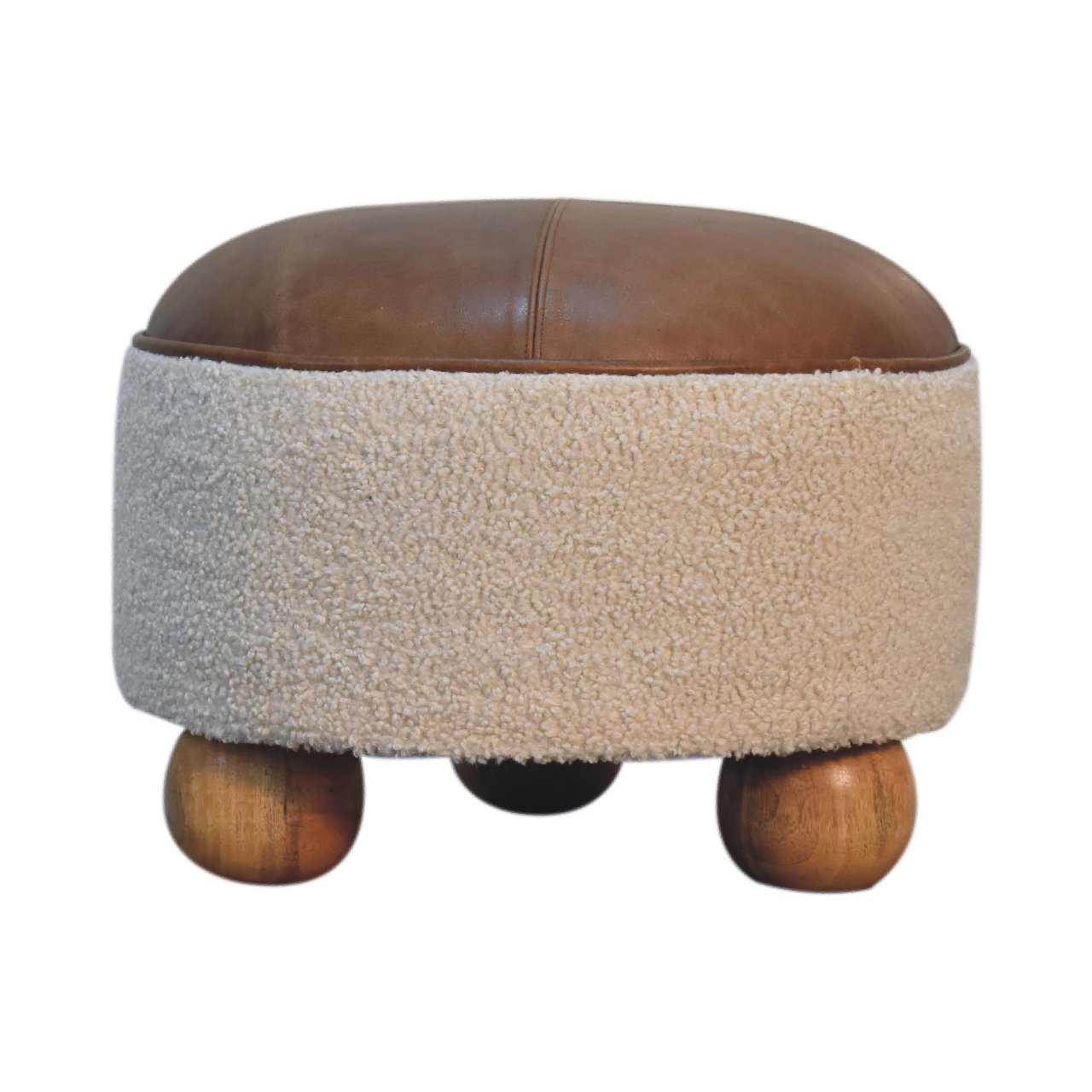 Solid Mango Wood Cream Boucle & Leather Upholstered Footstool - Image 9