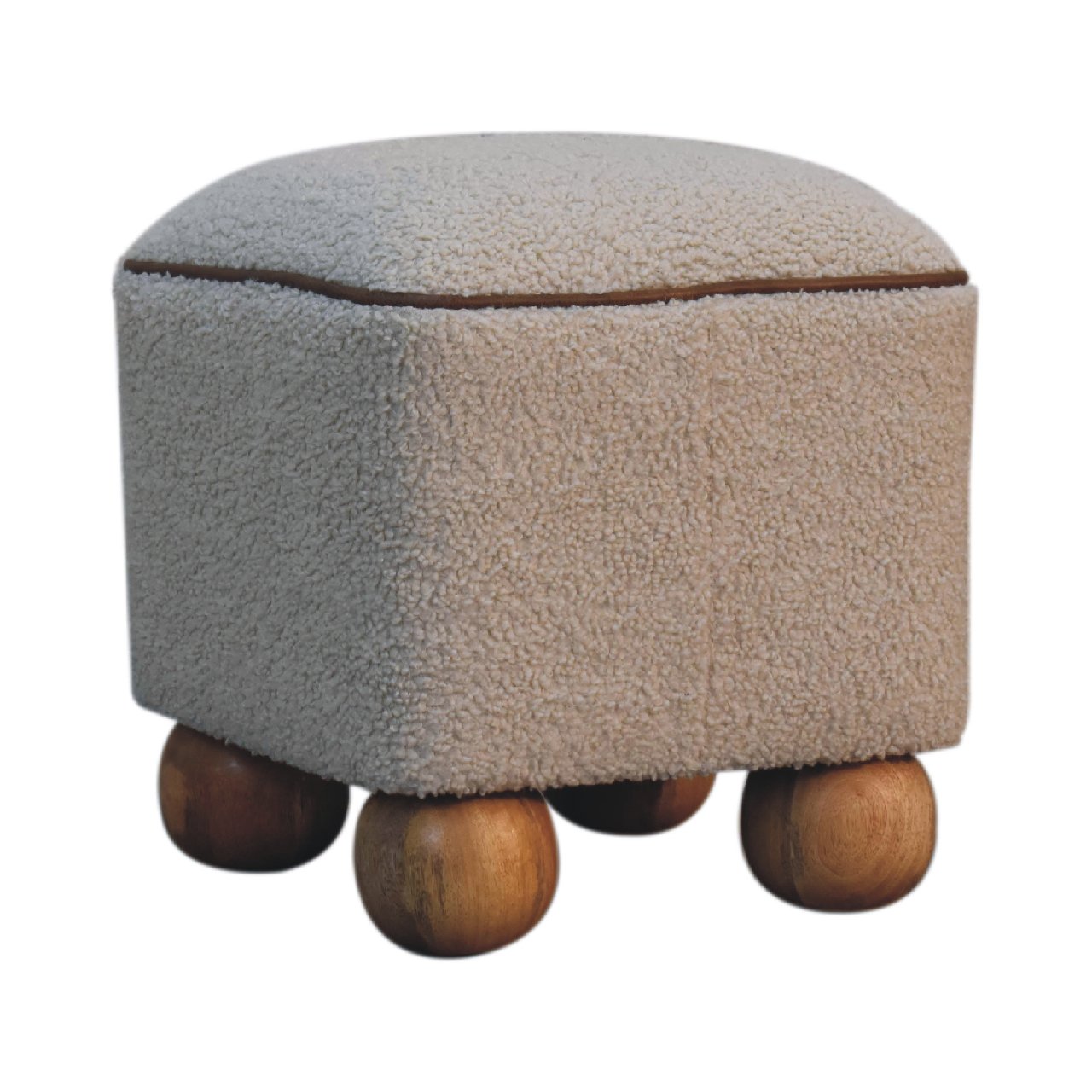Solid Mango Wood Oak Finished Boucle & Leather Upholstered Serenity Footstool with Ball Feet - Image 2